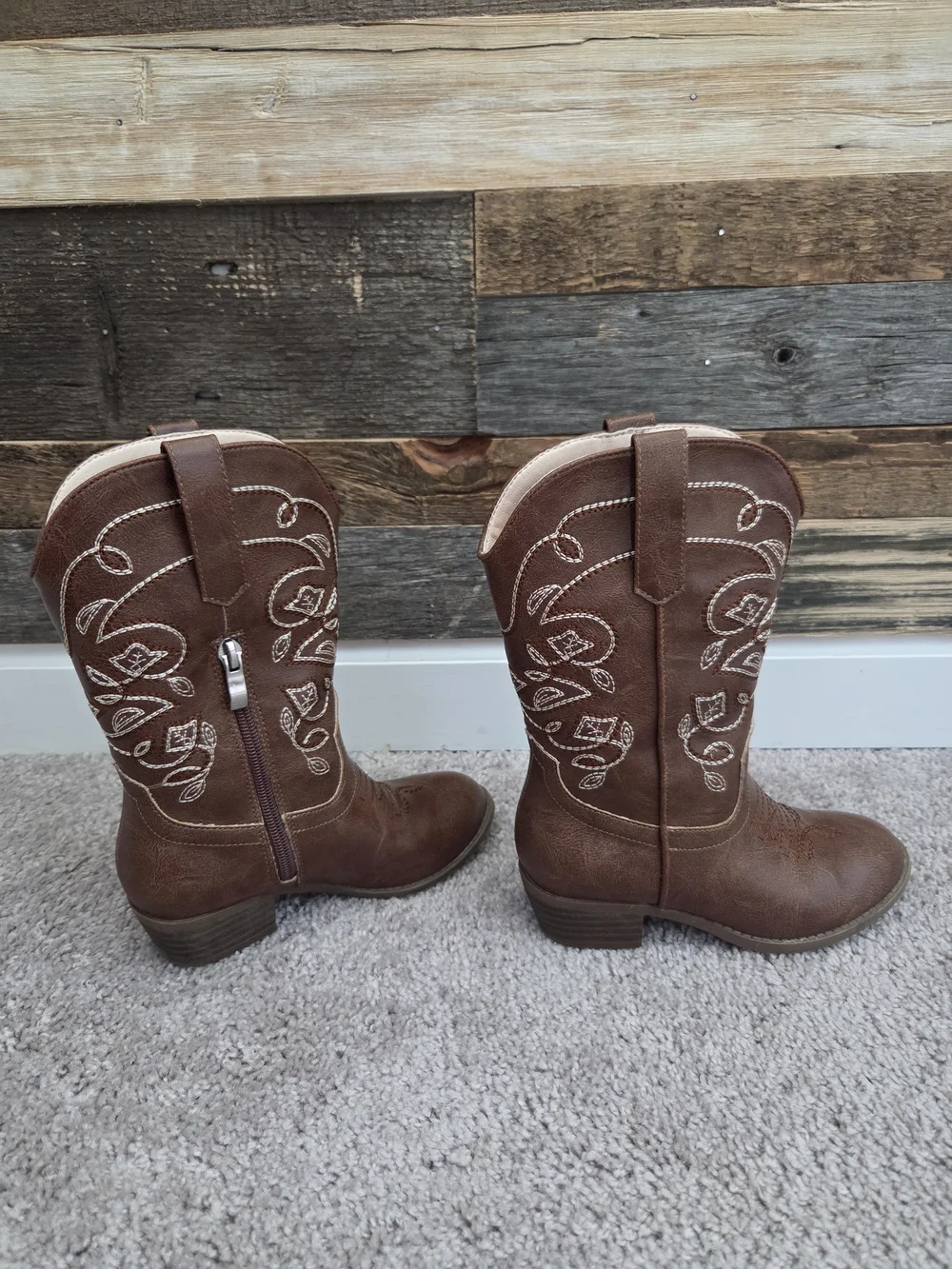 Girls' Brown Embroidered Western Zip-Style Cowgirl Boots US Size 12
